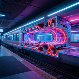 underground train station, futuristic, neon colours, highly saturated colours, cross section view, high def, 8 k, hd, realistic, highly detailed,