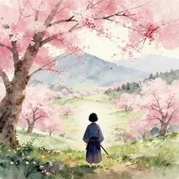 A lone sad samurai watching over a valley of cherry blossom trees, water color painting, concept art, HD —width 1408