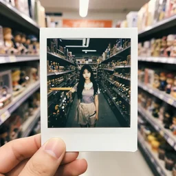 action figure aisle at kb toys taken from a shrunken down pov. polaroid - h 6 4 0