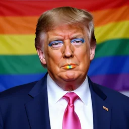 donald trump in rainbow pride makup, rainbow eyeshadow, rainbow lipstick, pride flag in background, 8 k, studio lighting