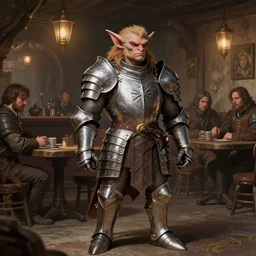 an anthropomorphic dnd kobold paladin named gary, wearing full metal plate mail, in a tavern, by hieronymus bosch, by peter mohrbacher, by michael cheval, by boris vallejo, highly detailed, 8 k