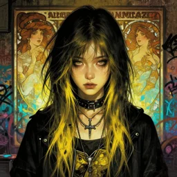 highly detailed portrait of a moody sewerpunk young adult lady by krenz cushart, by artem demura, by alphonse mucha, by kaethe butcher, gradient yellow, black, brown and cyan color scheme, grunge aesthetic!!! ( ( graffiti tag city background ) )