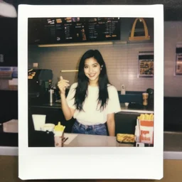 anya taylor - joy working the front counter of mcdonald's ready to take your order, eighties polaroid, flash photography, photorealistic, kodachrome