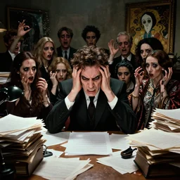 the horror of beaurocracy, papers, horror, desk, stress, frustration, anger, crowded, harsh cinematic lighting, high qulity, 4 k, by charles addams and hilma af klint and affandi