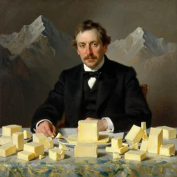 portrait of a respectable dignified royal business elite politician sitting at a finely set table covered with mountains of raw butter sticks art by anders zorn, wonderful masterpiece by greg rutkowski, beautiful cinematic light, american romanticism by greg manchess, jessica rossier