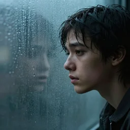 young person looking through water wall, with clear glass, melancholic, sad, lots of raindrops, detailed, cinematic, dramatic lighting, by giorgio de chirico