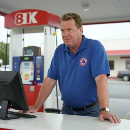 bobby hill from king of the hill working behind the counter of a gas station, 8 k, hd, movie still