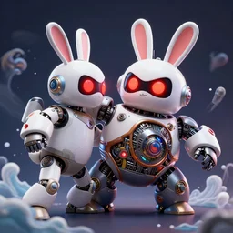 sideview of cute chubby dangerous angry 3 years old robots kids in epic battle pose ruling the world with  big glowing  red rabbit eyes and big rabbit ears , big complex belly  mechanism ,  studio light, wapor wave retro design  by greg rutkowski
