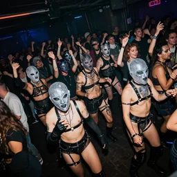 photograph of a provocative techwear packed busy rundown nightclub, lots of people, non-binary people dancing, variety of sharp sparkly creepy masks, harnesses and garters, retrofuturism, brutalism, cyberpunk, sigma 85mm f/1.4, 15mm, 35mm, tilted frame, long exposure, 4k, high resolution, 4k, 8k, hd, wide angle lens, highly detailed, full color, harsh light and shadow, intoxicatingly blurry