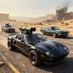 3 5 mm low angle photo mad max combat military black 1 9 7 3 ford falcon gt hot rod on a deserted post apocalyptic road, roof mounted rocket launchers, gta 5, rocket league, hyper detailed, rocket league, smooth, high contrast, volumetric lighting, octane, george miller, vibrant rich deep color, comic book