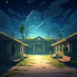 a wholesome animation key shot of a post apocalyptic school, covered by nature hipster vibes by studio ghibli, animation, sharp, rendered in unreal engine 5, focused, anime key art by greg rutkowski, bloom, dramatic lighting