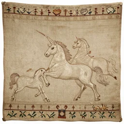 highly textured ancient tapestry with a unicorn hunt scene made of threads realistic 15th century, museum