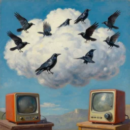 a flock of ravens forming a cloud, vintage shapes, retro technology, happy colors. rob gonsalves, oil on canvas, deep depth field, masterpiece, cinematic composition, hyperdetailed