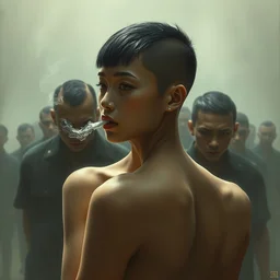 buzz cut hair asian female smoking, ground of males standing behind her with angry faces, diffuse lighting, fantasy, intricate, elegant, highly detailed, lifelike, photorealistic, digital painting, artstation, illustration, concept art, smooth, sharp focus, art by john collier and albert aublet and krenz cushart and artem demura and alphonse mucha