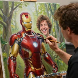 a closeup photorealistic photograph of bob ross working on a canvas painting featuring iron man with happy trees. film still. this 4 k hd image is trending on artstation, featured on behance, well - rendered, extra crisp, features intricate detail, epic composition and the style of unreal engine.