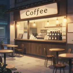 Empty coffee shop at night in anime style, trending on Artstation
