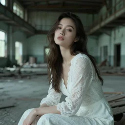 cinestill 5 0 d wide photo portrait of a dreamy beautiful woman by gastel sitting in a dystopian abandoned factory in a wood, wearing white lace, elegant, highly detailed, pale gteen tonal matt, soft blur, artstation, sharp focus, head in focus,