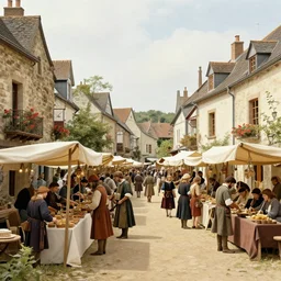 a mockup of a medieval street market, art by Norman Rockwell