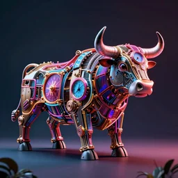 a clockwork mechanical bull, neon colors, duotone, ultra high detail
