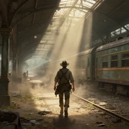 A highly detailed 4K fantasy matte painting of an adventurer walking through an abandoned train station, volumetric sun rays and dust, Thomas Kinkade, Greg Rutkowski, ArtStation, CGSociety, Unreal Engine