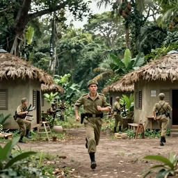 soldier running around jungle bases, far shot, 1 9 8 7, movie still