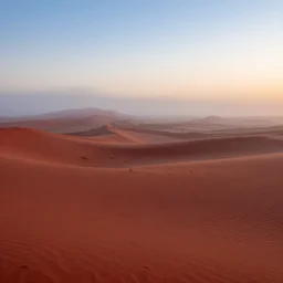 red sand hills, beautiful, dawn, foggy area, photorealistic, panoramic shot, 4 k