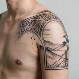 straight mirrored minimalist art nouveau shoulder tattoo, wide, intricate detail, simple lines
