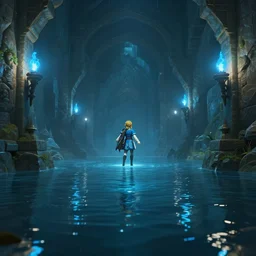 legend of zelda water temple, dimly lit, blue torches on the walls, ray - tracing, water reflections, unreal engine, 4 k, cool color tone, desktop wallpaper