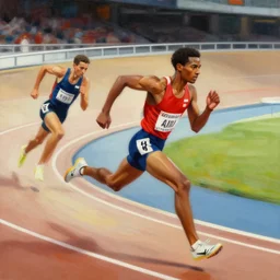 cinematic painting of qwop!!!!!!!!!!!!!!!!! running down the track by gaston bussiere, craig mullins, j. c. leyendecker, kinetic, motion, athletic, running