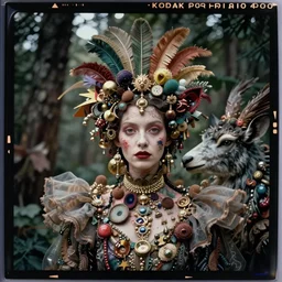 kodak portra 4 0 0, wetplate, photo of a surreal artsy dream scene,, weird fashion, in the nature, highly detailed face, very beautiful face, portrait, extravagant dress, carneval, animal, wtf, photographed by paolo roversi style and julia hetta