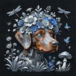 rusty puppy cyborg head with a lot of garden flowers, beautiful whimsical botanical illustration, silver and blue flowers, dragonfly, firefly, mushrooms, enchanted botany, dark grainy background, by android jones and greg rutkowski, digital matte painting, papercut art style