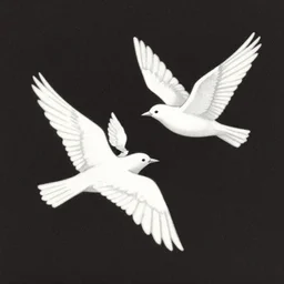 matchbox vintage illustration of two white birds flying over a dark background