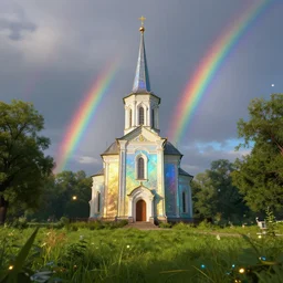 iridescent chapel with a steeple in an old green courtyard meadow, gold and blue glow sparkles floating around in the air and sky, rainbows atmospheric, volumetric, photoreal, unreal engine, ray - tracing, film still, artstation, 8 k