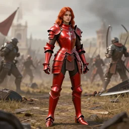 a girl with long red hair wearing a red plate armor in a battlefield, 3d render, octane render, unreal engine 5, 8k hdr, hyperrealistic, highly detailed, high quality, concept art, trending on Artstation, full-body armor,