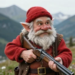 old crazy dwarf with shotgun in mountains, 8 k, detailed, realism