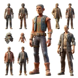 concept art character models, clay, brutalism, colorful, syd mead, norman rockwell, junichi higashi, isamu imakake, 4 k resolution, octane render, intricate, balance, ultra detailed, medium full shot, white background, sprite sheet, volumetric lighting, cinematic lighting + masterpiece,