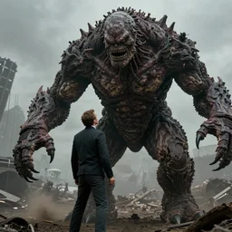 film still, patrick stewart facing down against an obviously cheap cgi monster in a new netflix action sci - fi movie, wide shot
