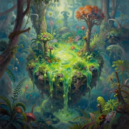 fantasy oil painting, center of the earth landscape, exotic vegetation, green slime oozing down, art by brothers hildebrandt, book cover illustration, sharp focus