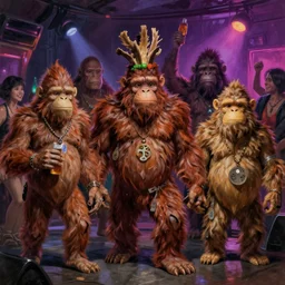 concept art painting of a group of sasquatch at a nightclub rave, by james gurney and greg rutkowski