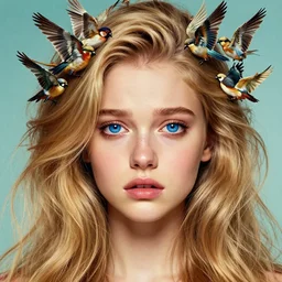 ! girl, sad look, big blue eyes, nest hair, long beautiful hair, birds of hair!!! beauty girl portrait, face in detail, big sad eyes, blonde hairstyles, hair everywhere, by aykut, by kuvshinov, poster, golden ratio, render, colorful