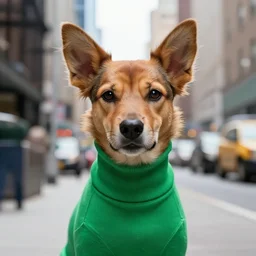 fuzzy ears dog assassin portrait donning a green versace turtleneck standing in new york face canines snout pet aspca adoption profile image ian finlay hamilton alejandro burdisio shahab alizadeh john bauer realism