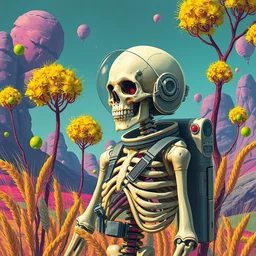 a skeleton astronaut!!!!!!!!! with his helmet off by kren cushart on a colorful alien wheat world with lime trees