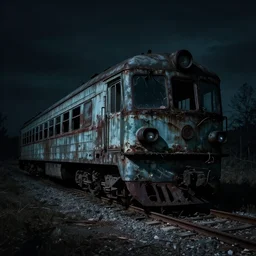 abandoned train, dark background, scary filter, nightmare atmosphere