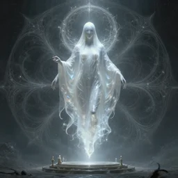 faceless, shaman, cultist, lovecraftian, surreal, shrouded figure, powerful being, plant spirit, fractal entity, spirit guide, light being, pearlescent, shiny, glowing, ascending, beautiful, subtle pattern, trending on artstation, fractal pattern, sacred geometry by peter mohrbacher, highly detailed, professional art, illustration, cult, sacrificial altar, levitating, perfect symmetry, rendered in octane, unreal engine