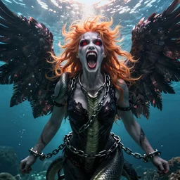 lucifer, dark angel, hybrid human with snake, red eyes, chain, handcuffs, large chain, wide open mouth, scream, cruelty, sea bottom, light effect, hyper detailed