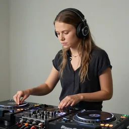greta thunberg wearing headphones, DJing with DJ turntables, photoreal