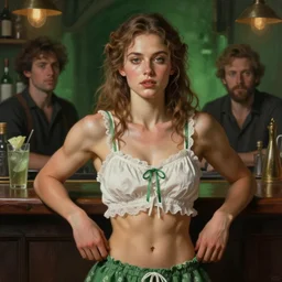 cottagecore beautiful very muscular female, bar background, digital painting, green light, detailed, highly detailed, smooth, sharp focus, illustration by ruan jia and mandy jurgens and william - adolphe bouguereau, artgerm