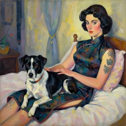 a beautiful painting elizabeth taylor dog, cheongsam, bed black tattoos, by amedeo modigliani andy warhol lumion render realistic oil painting
