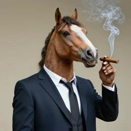 a photo of an antropomorphic horse wearing a suit smoking a cigar