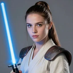 head and shoulders portrait of a female knight, star wars, jedi, robes, blue lightsaber, young carrie fisher, by luis royo, vogue fashion photo